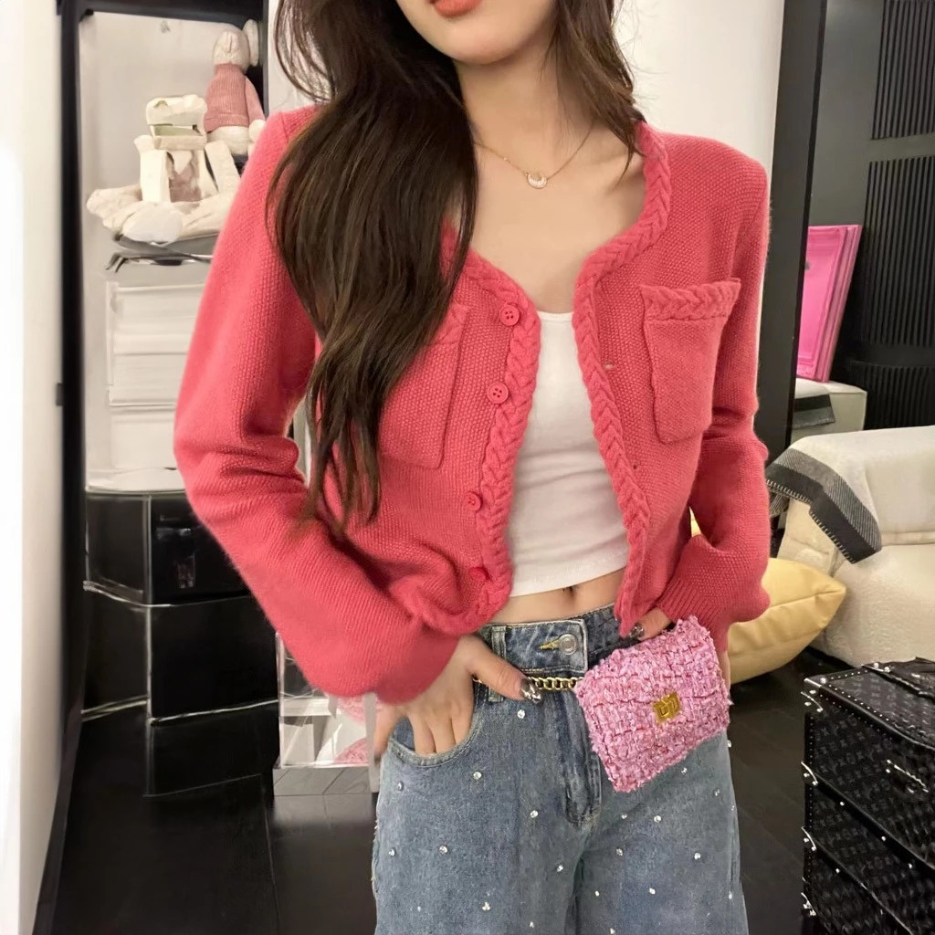 Sweater Rajutan Wanita Kardigan Merah Muda Atasan Kancing Lengan Panjang Sweater Rajutan