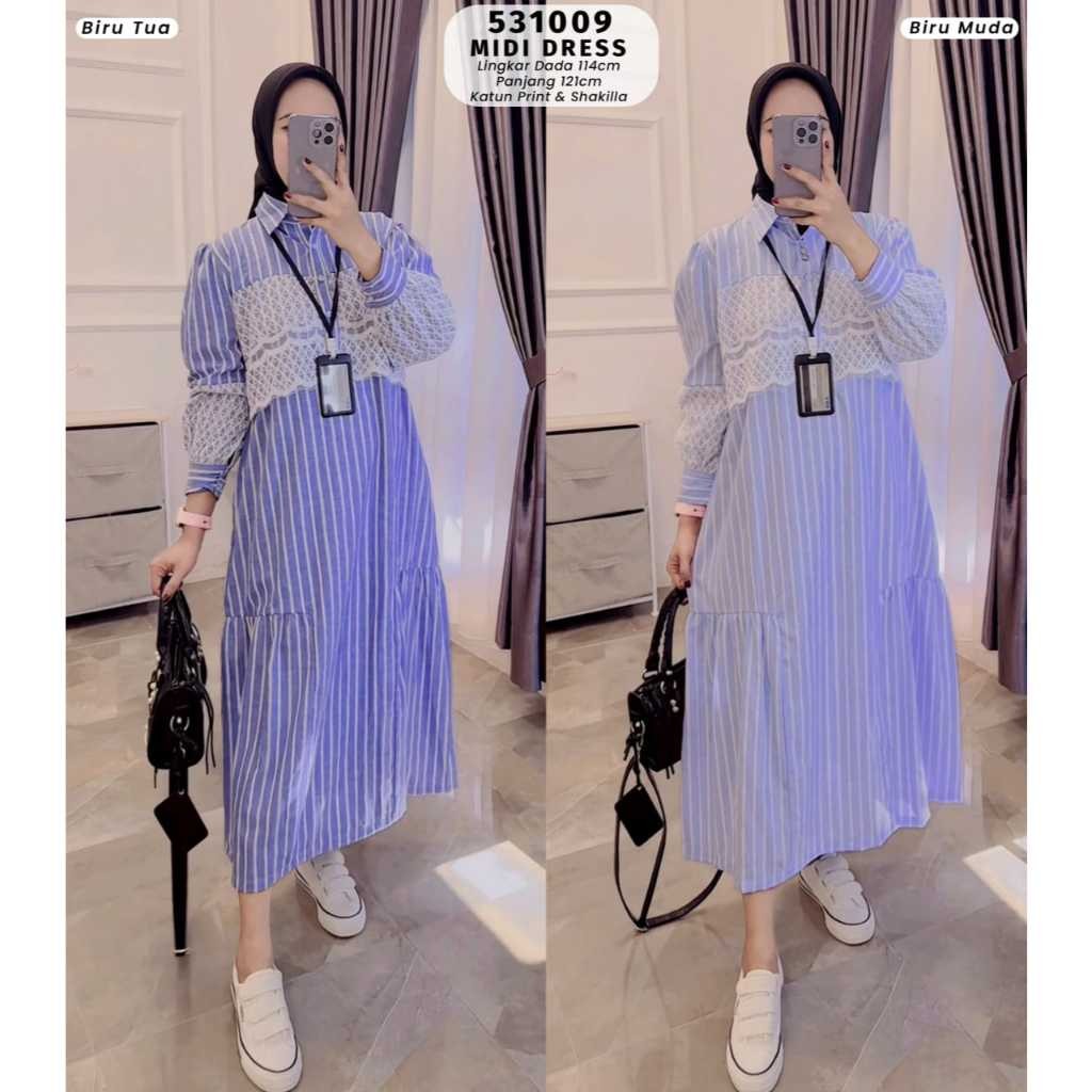 MIDI DRESS SALUR BAHAN KATUN / MIDI DRES WANITA / MIDI DRESS PREMIUM ORIGINAL 