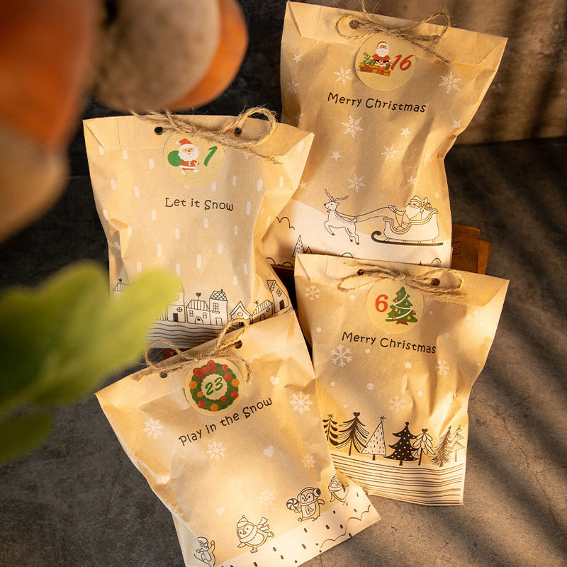 

24Sets Vintage Christmas Kraft Paper Bags Let it Snow Candy Treat Bag with Stickers Advent Calendar Xmas Party Favor Gift Pouch