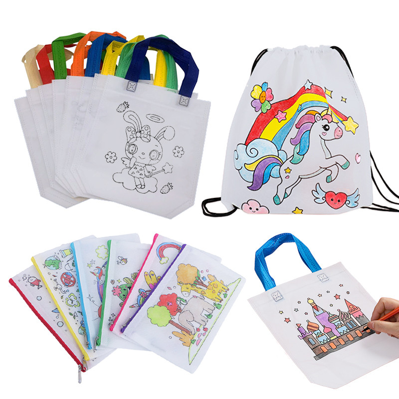 

DIY Coloring Goodie Bags with Coloring Markers Party Gift Bags for Kids Toy Storage Bag Eco Non-Woven Fabric Drawstring Bags