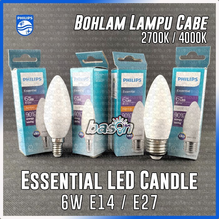 PHILIPS Essential LED Candle 6W E14 / E27 - 2700K atau 4000K - Lampu Hias Filamen Cabe