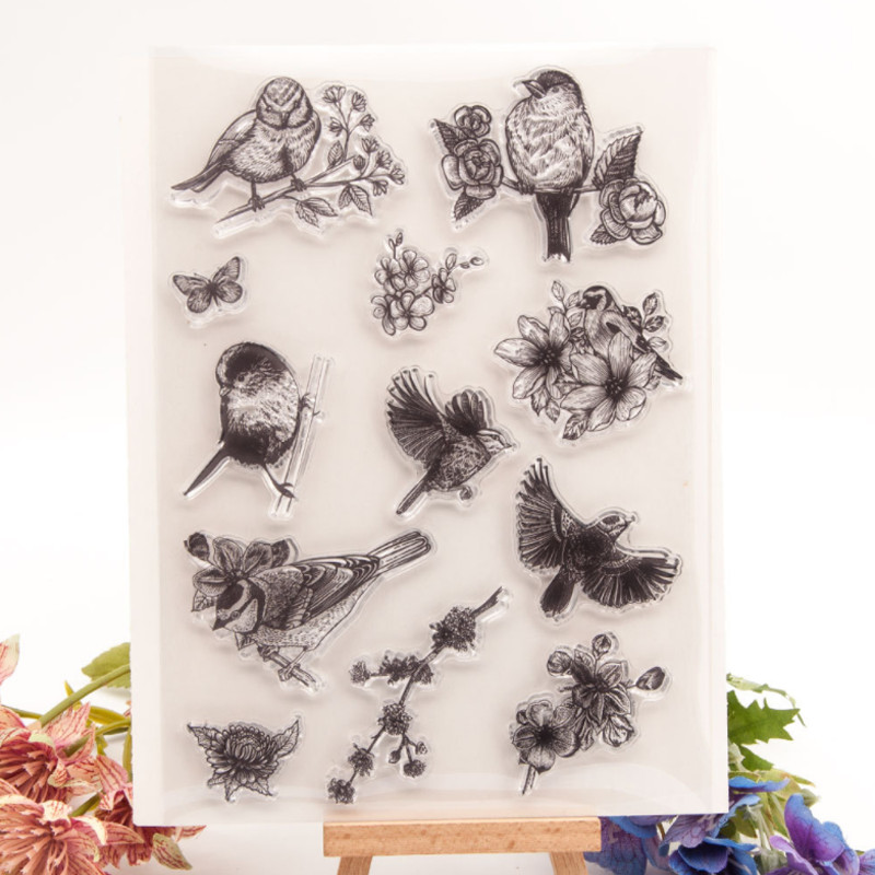 

Bird Finch And Flowers Stamps Rubber Transparent Silicone Seal For DIY Scrapbook Journal Photo Album Decoration Crafts Stencils