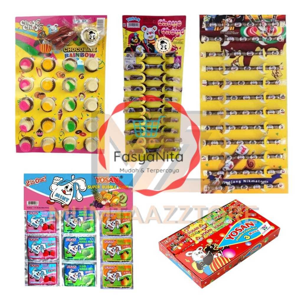 

SNACK YOSAN Choyo Choyo Stik coklat isi 10 & 12 Rainbow Cup isi 20 | Super Bubble Gum permen karet jadul jajanan | Permen Menta - Fasyanita Denpasar