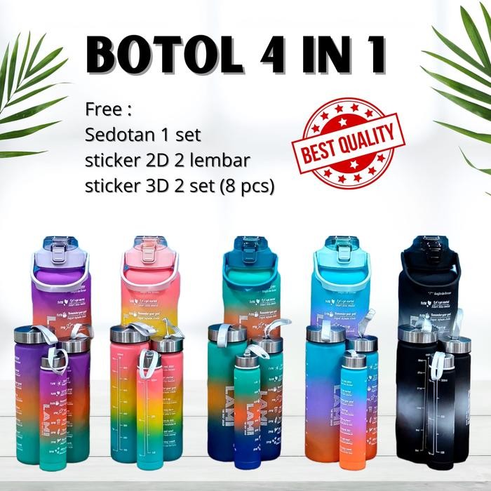 BEST -Botol Minum 2 Liter + 1000ml + 600ml + 300ml Botol Minum Viral 1 set Plastik Sedotan Silicone 
