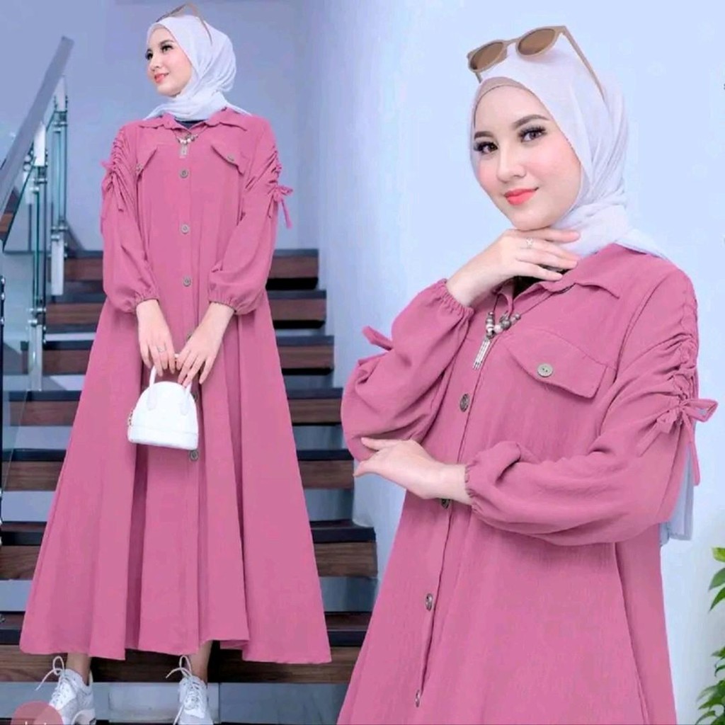 Gamis Muslim Mahalini Midi Dress Variasi Kancing Lengan Panjang | Gamis Wanita Muslim Mahalini Midi 