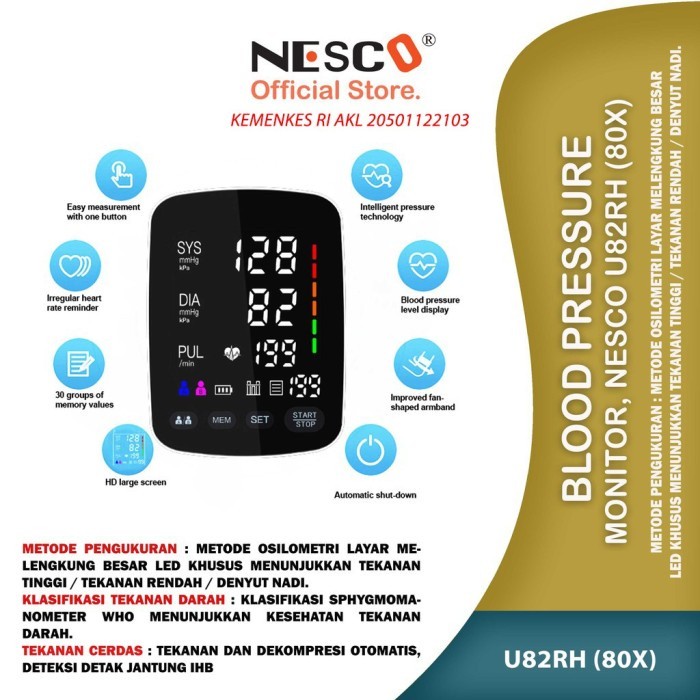 Tensimeter U82RH Nesco Tensi Digital Alat Diagnosa Darah Detak Jantung