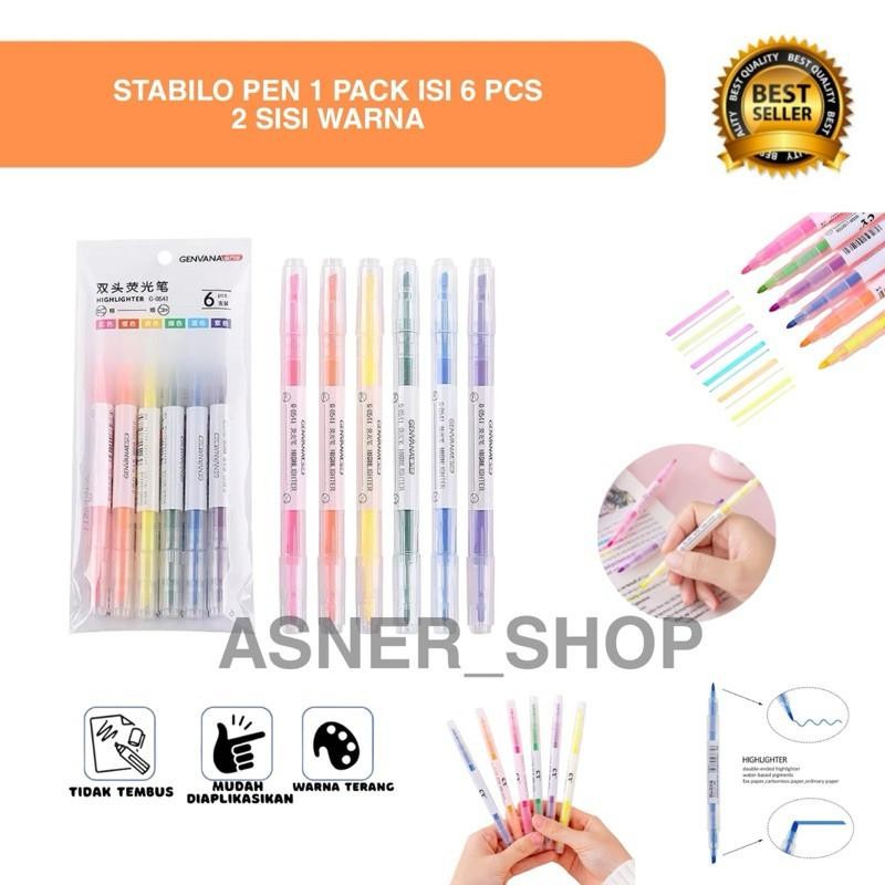 

ASNR ( 1 Set isi 6 pcs ) Stabilo 2 sisi Pastel Highlighter pen Warna Marker Diary