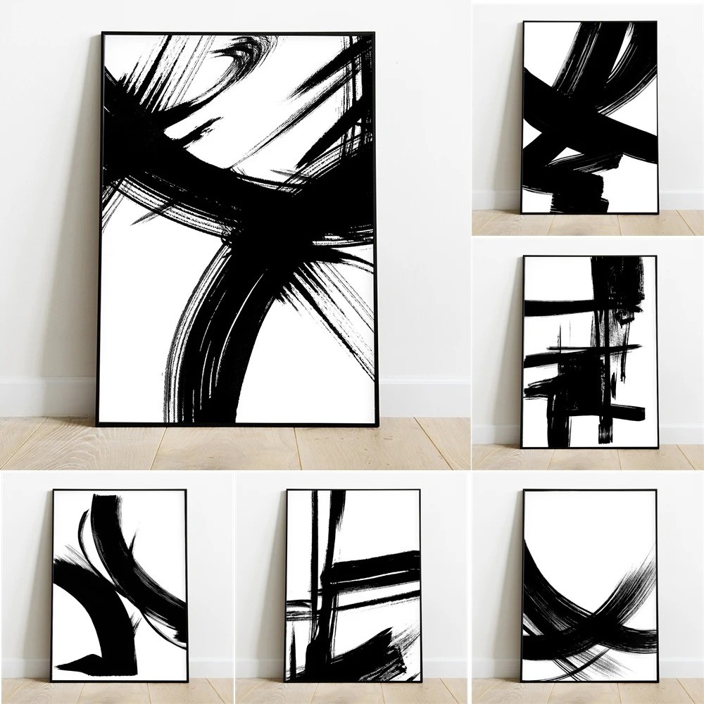 

Abstract Canvas Painting Poster Minimalist Black and White Brush Strokes Print Modern Gallery Wall Decor Home Living Room Decor