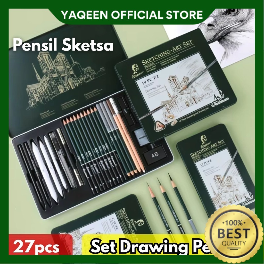 

YAQEEN - 27pcs Giorgione Set Drawing Pencil Pensil Sketsa Sketch Tin Box Penghapus BR081 Profesional Arang