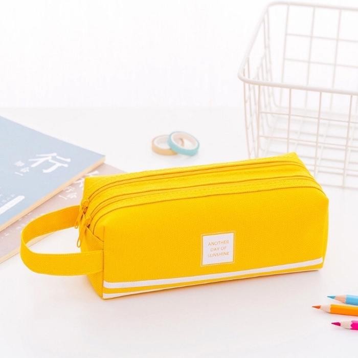 

[New Collection]PROMO HKS-H105 Kotak Pensil Dan Stationery Dual Zipper / Dompet Pensil 2 Pouch Alat Grey - Kuning
