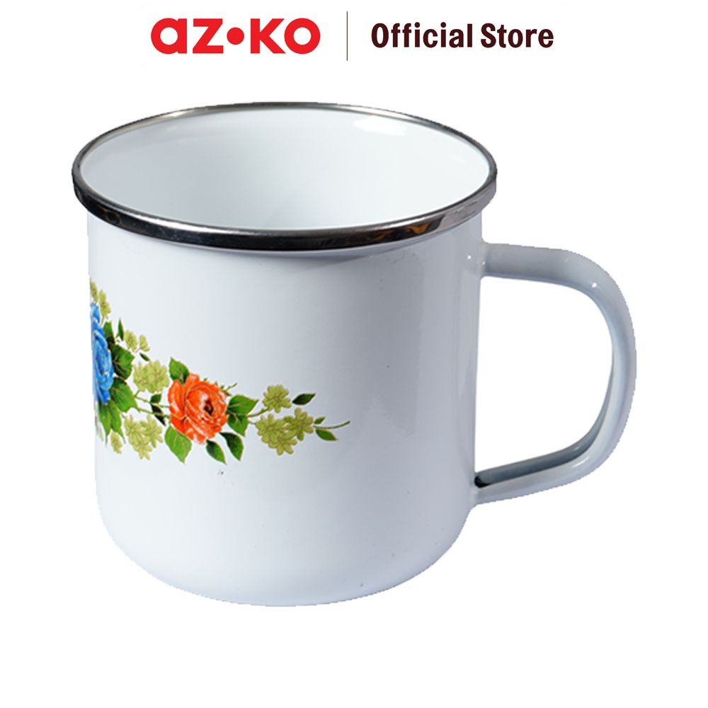 AZKO Kichero Mug Enamel Blue Rose 9 cm - Putih Cangkir Gelas Kopi Coffee Mug Cup Minum Gelas Teh