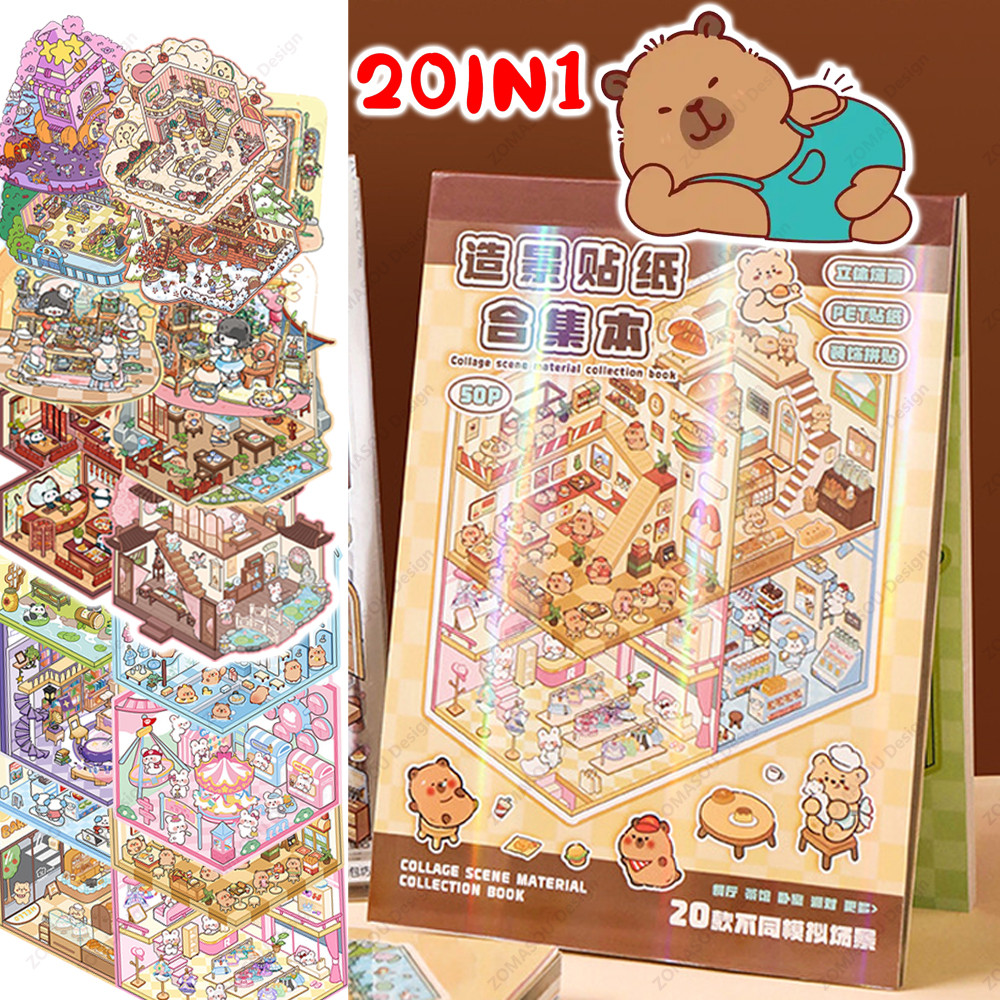 

New! Wholesale Capybara Cartoon 2.5d Cabin Scene Sticker Book DIY 3D Landscaping Sticker Birthday Gift for Child Student