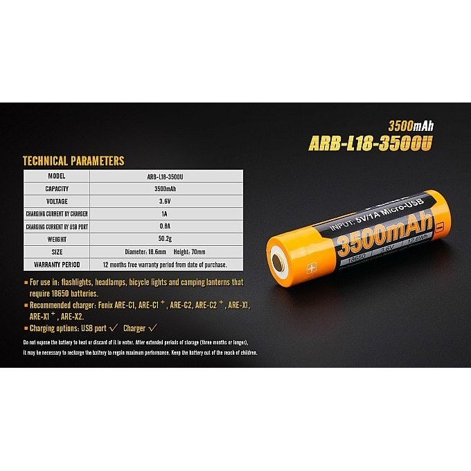 

promo -Fenix 18650 3.6V 3500mAh -Top Battery with Micro USB (ARB-L18-3500U)