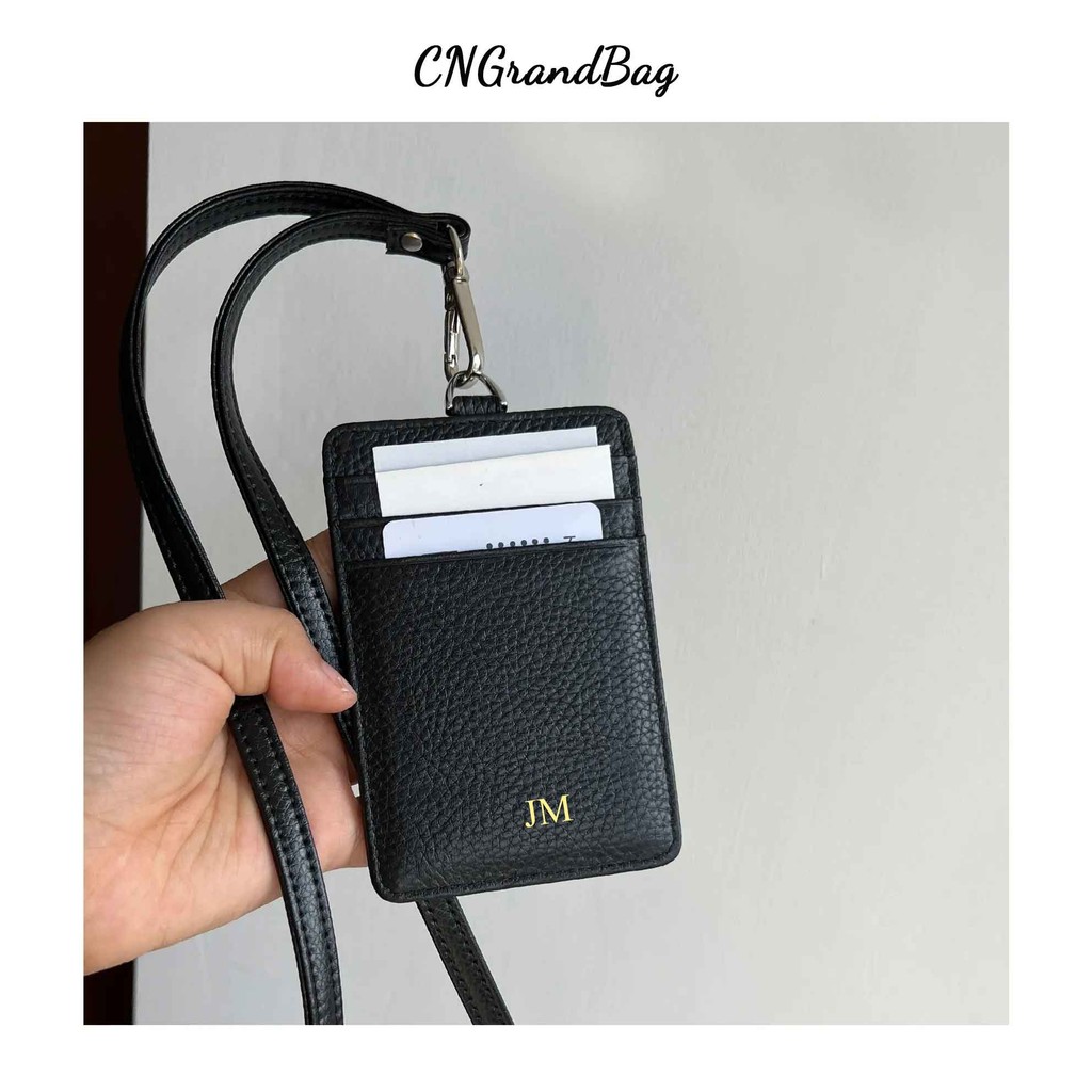 

Monogrammed Initial Letters Pebble Genuine Japanese Style Easy Pull Lanyard Card holder Fashion Korean Work Transportation Card