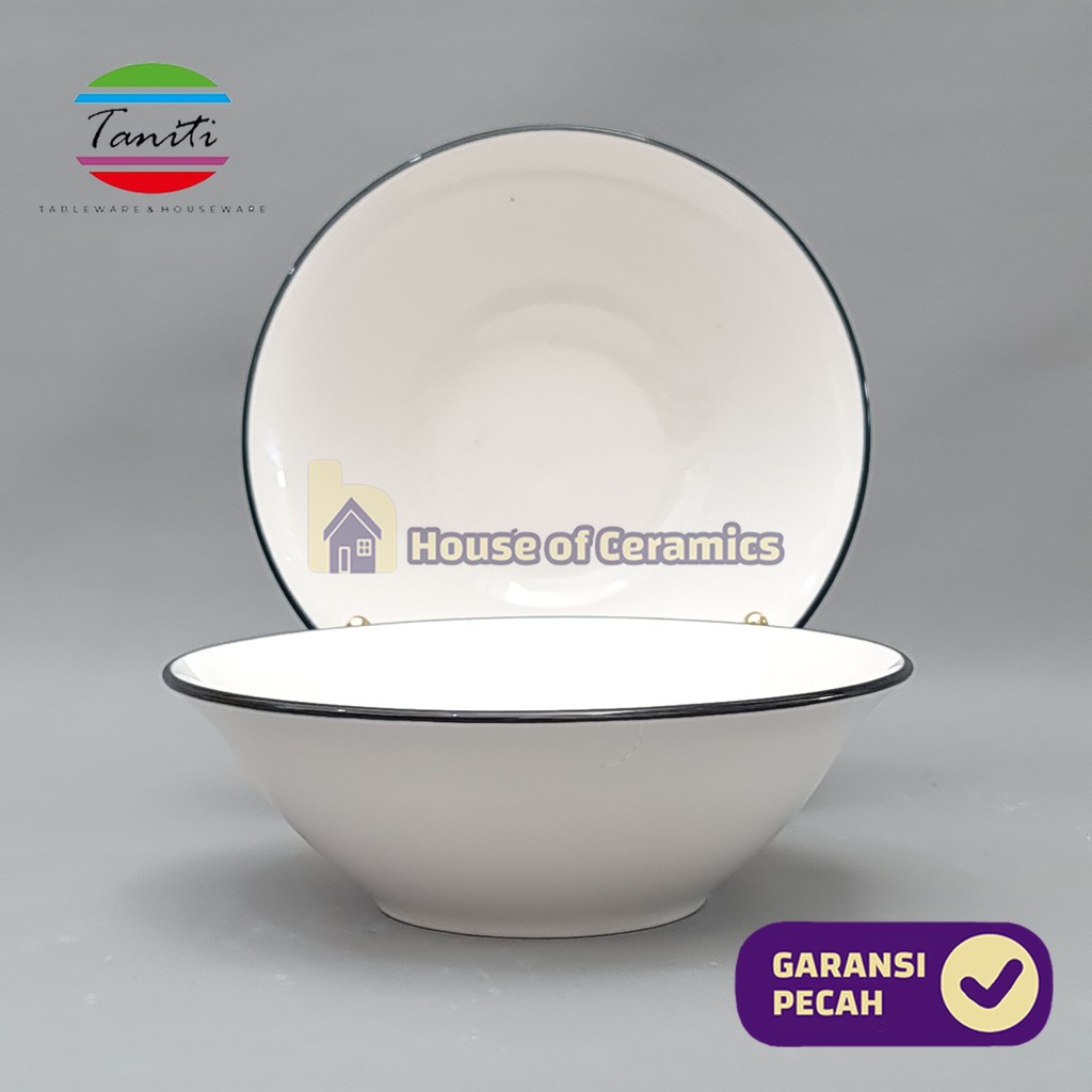 TANITI Mangkok Keramik SALAD POLOS 7 Inch 18 Cm Mangkok Bulat Cantik Putih Polos Lis Hitam