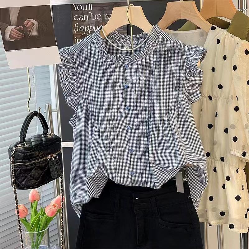 Women's Round Neck Summer 2024 New  ic Fashionable Houndstooth Sleeveless Shirring Pat work Ruffled 