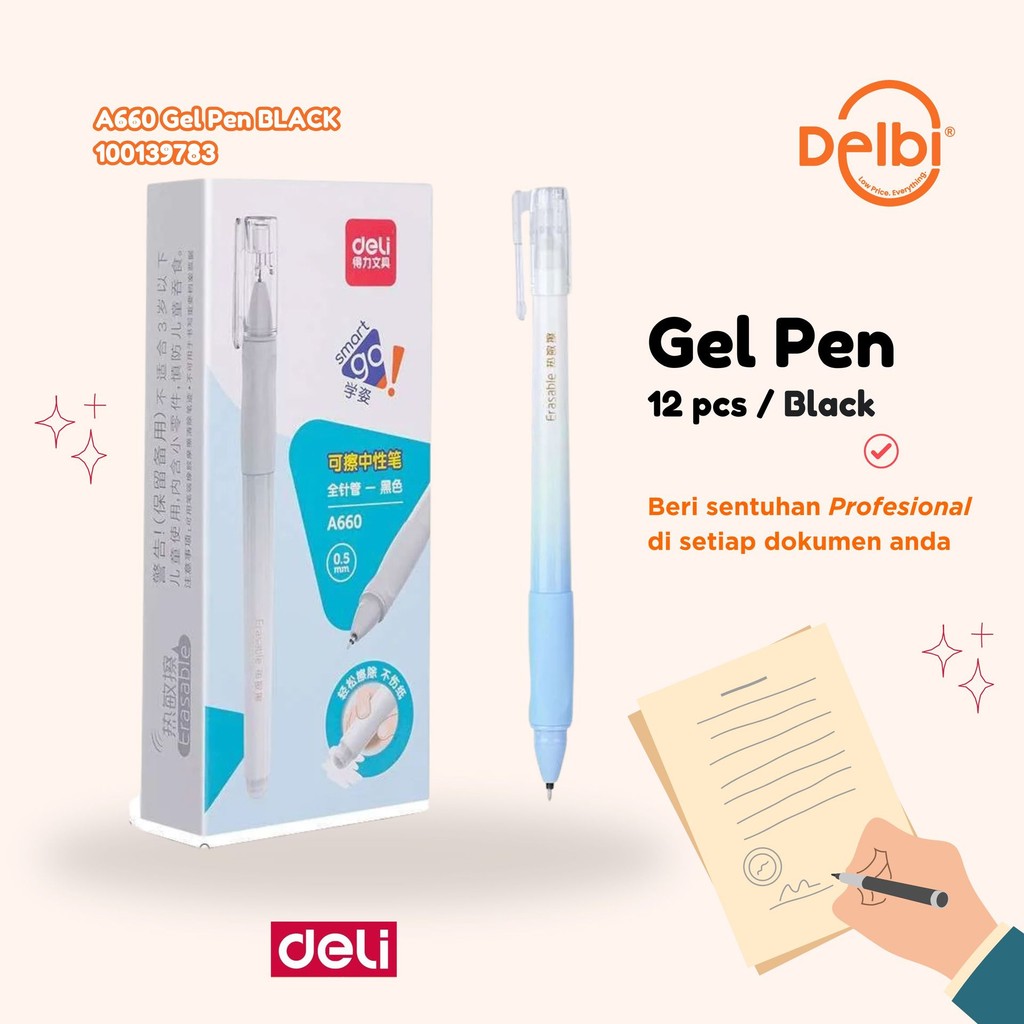 

1pcsDeli Erasable Pen / Pulpen Bisa Dihapus / Pulpen Deli A660 A660 Gel Pen BLACK