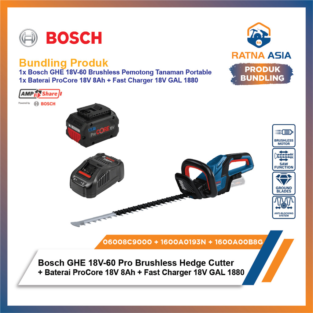 Bosch GHE 18V-60 Brushless Pemotong Tanaman + Baterai ProCore 18V 8Ah + Fast Charger 18V GAL 1880 06