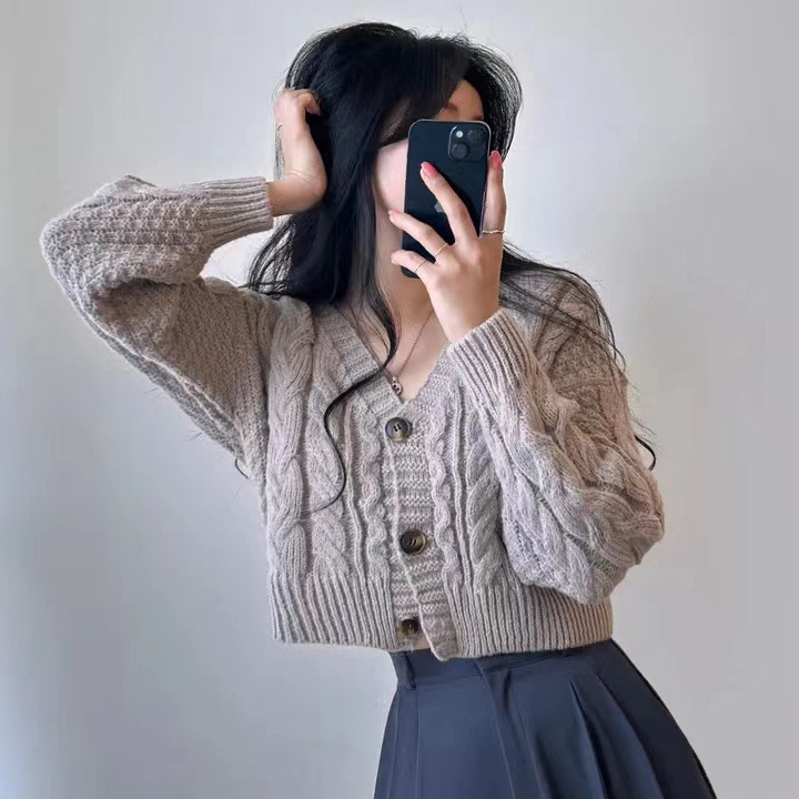 Atasan Sweater Crop Lengan Panjang Wanita Kardigan Rajut 3 Leher V Fashion Wanita Korea