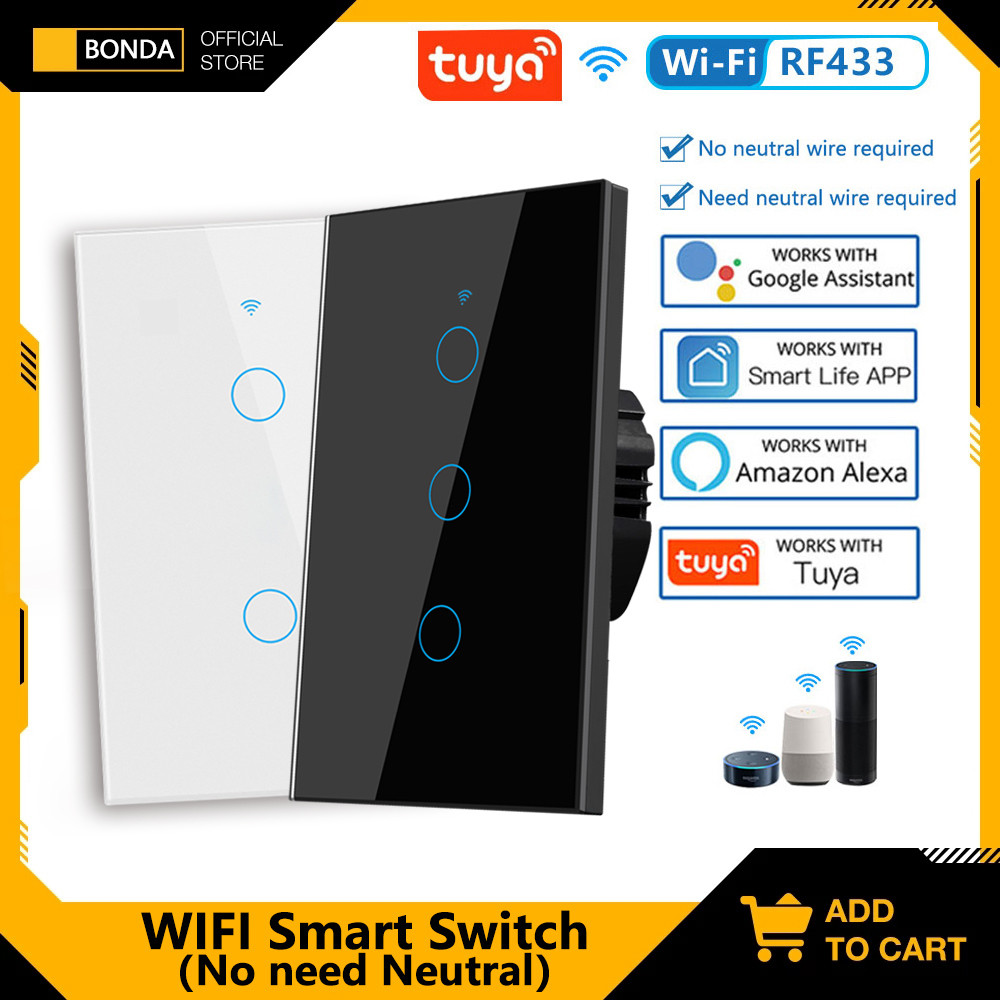 

Tuya US WiFi Smart Wall Switch RF433 1/2/3 Gang No Neutral Wire Touch Sensor LED Light Switches Smart Home Alexa Google Home