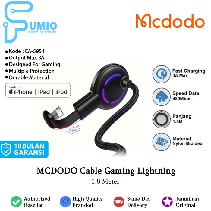 MCDODO Kabel Gaming USB IPHONE Lightning Fast Charging 1.8M CA-5951