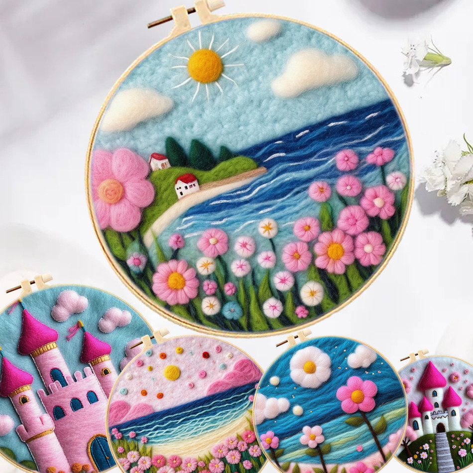 

Wool Felting Painting DIY Wool Embroidery Kit Creative Scenic Castle DIY Wool Needle Felt Tool 20x20cm Frame Picture Kit