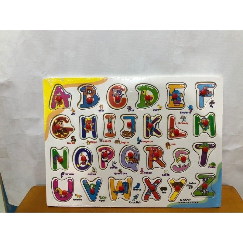 MAINAN EDUKASI ANAK PUZZLE KNOB ABJAD HURUF PAPAN KAYU TOY BELAJAR BLOCK BLOK