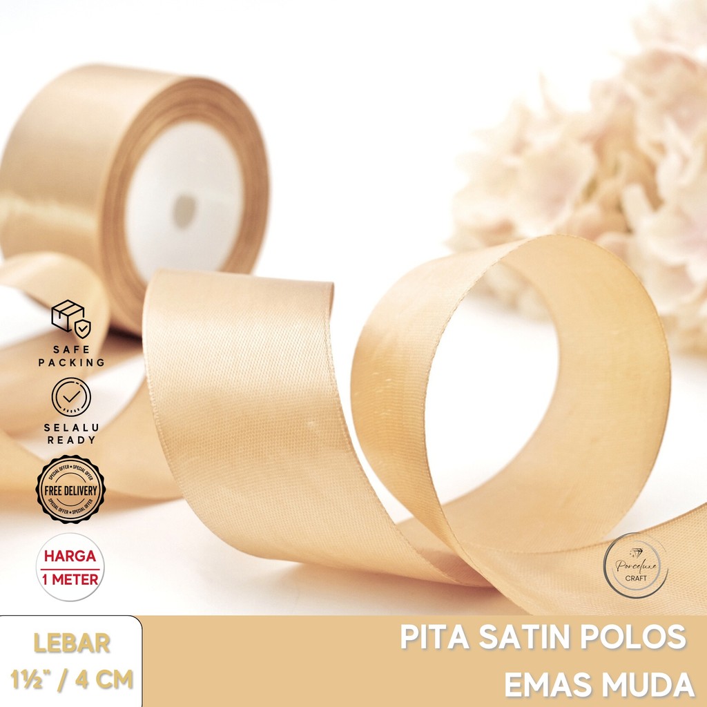 

Pita Ribbon Satin Hiasan Dekorasi Kado Hampers Polos Emas2 4 cm / 1,5 inchi Harga per Meter