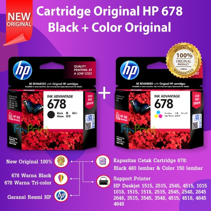 FixPrint Tinta Cartridge Printer HP 678 Black Color Hitam Warna Original 1515