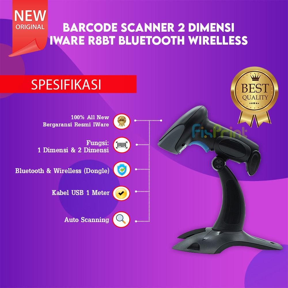 FixPrint Barcode Scanner Iware R8BT + Stand Wireless Bluetooth 2D Garansi Resmi