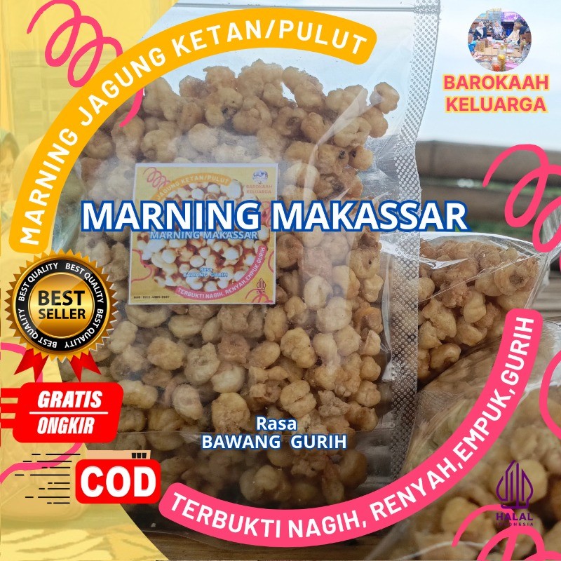 

Marning jagung ketan putih Super Premium khas makassar sangat cocok buat nyantai dan suguhan tamu terbuat dari jagung putih, rasa gurih asin bawang (500gr),renyah dan original