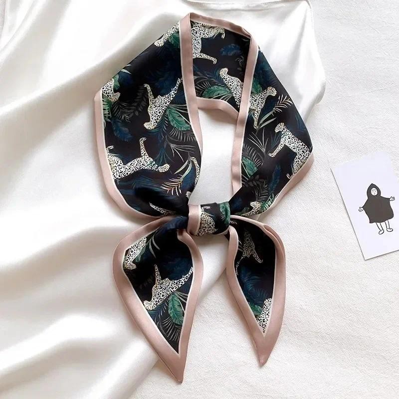 Silk Long Scarf Women Leopard Flamingo Print Luxury Hairband Narrow Scarves Small Neckerchief Summer