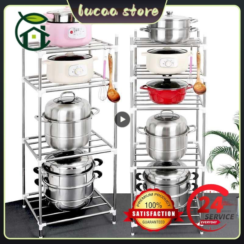 

Multi-layer Kitchen Storage Holder Rack Stainless Steel Pot Kitchenware Pan Cover Shelf Room Corner Storage Rack Shelf Organizer