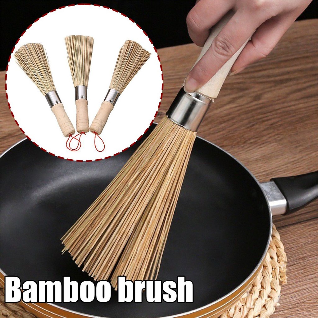 Sapu Kuali Wajan Gagang Kayu Bahan Bambu / 25CM Sikat Pembersih Panci / Kuas Pembersih Panci Dapur /