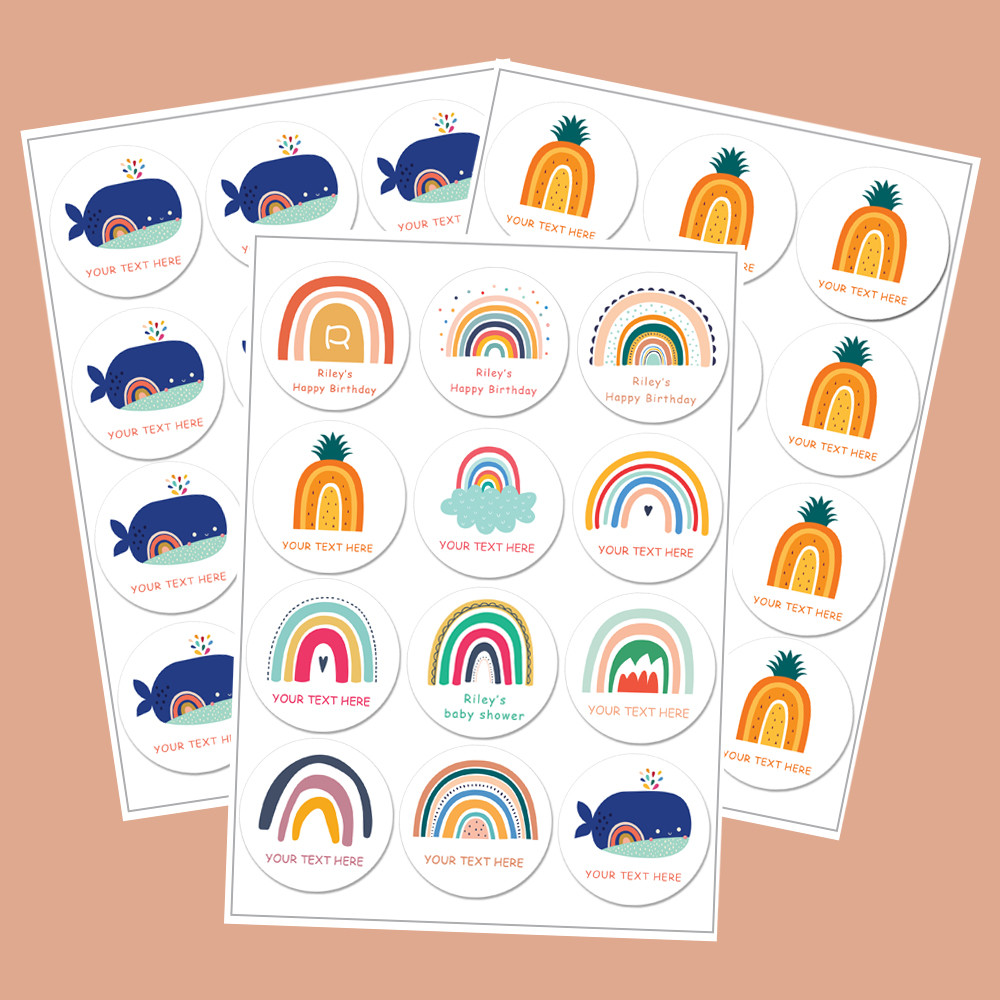 

2.5-7cm Custom Stickers Customized Logos Birthday Baby Shower Baptism Stickers Personality Labels Cute Rainbow Clouds Stickers