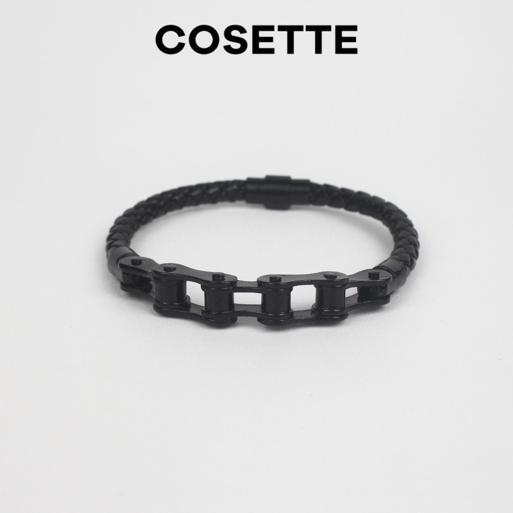 Gelang Black Leather Stainless Ring Titanium Cosette Anti Karat Pria Wanita Unisex Hitam Putih