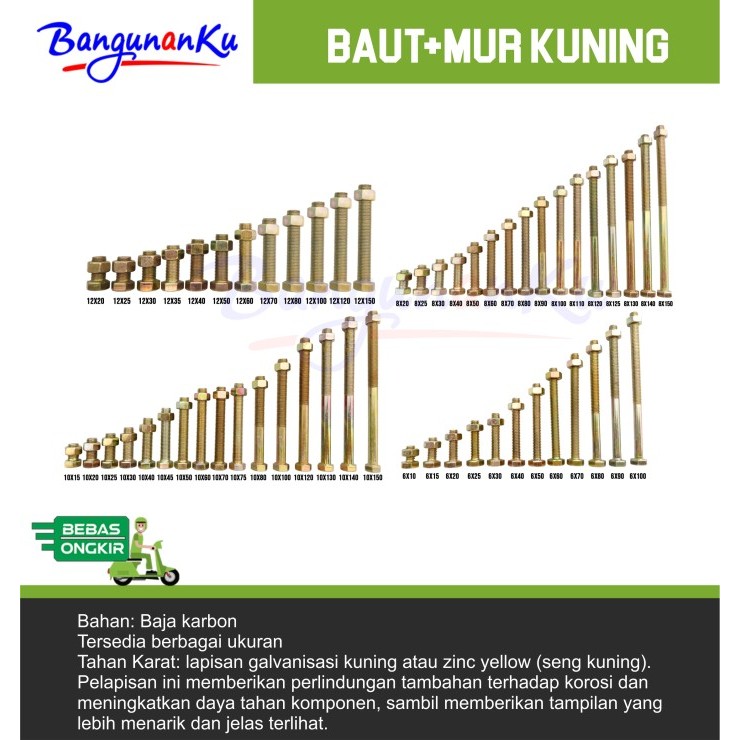 BAUT MUR KUNING 8 / BAUR / MUR / SEKRUP / BAUT MUR SET/BAUT+MUR