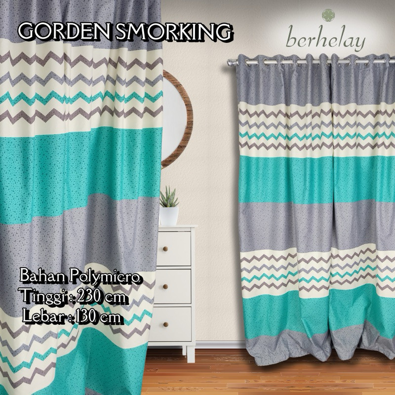 KLIMAUSHOP Gorden Smokring Polymicro Pintu Atau Jendela Motif Minimalis Zig Zag Zigzag Tosca