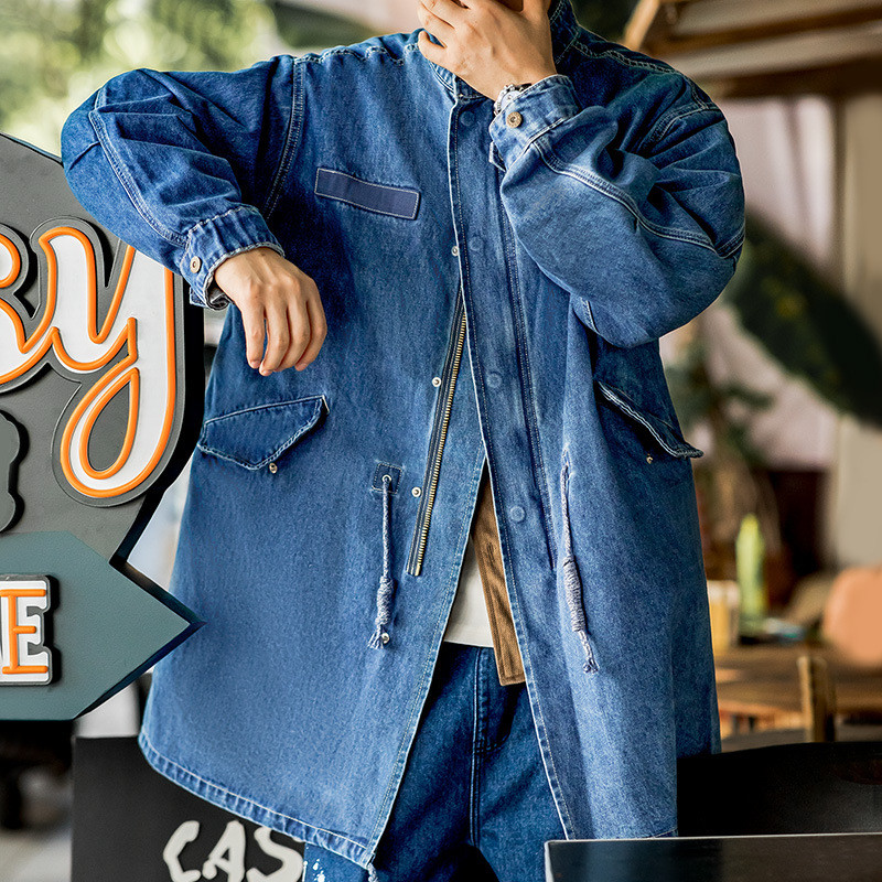 Maden Vintage M65 Denim Tail Coat Men’s Oversize Long Jacket Denim Fishtail Parka Thick 2022 Autumn 