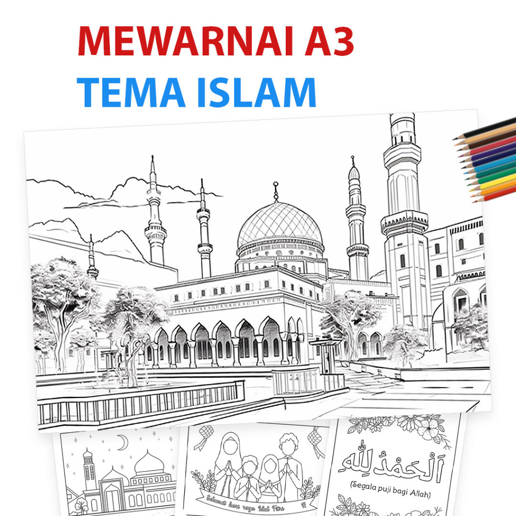 CALIOGRI.SHOP Lembar Mewarnai A3 Tema ISLAM - MJ19 Buku Anak TK, PAUD, SD 2 3 4 5 6 7 8 9 Tahun Rama