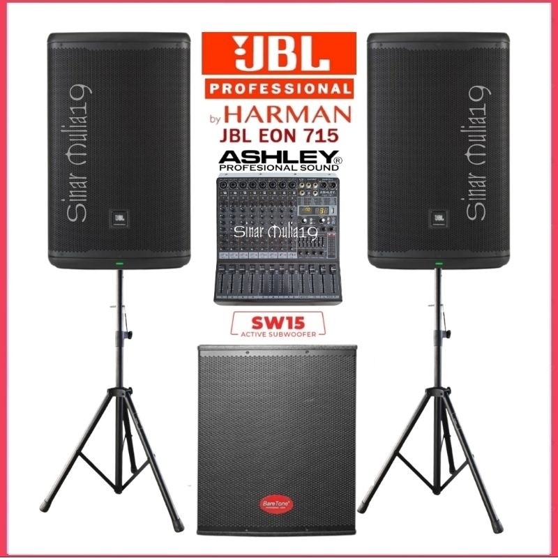 Paket Sound System Speaker Aktif 15 Inch JBL EON715 Subwoofer Aktif 15 Inch BareTone SW15 Mixer Ashl
