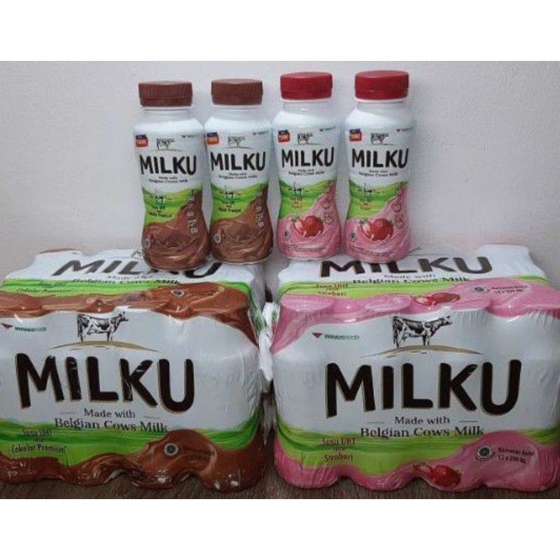 

Susu MILKU UHT Botol With Belgian Cows Milk UK 200 ML Coklat Dan Stoberi
