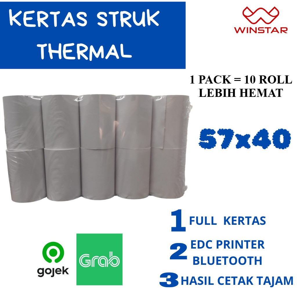 

WINSTAR 1 PACK ISI 10 ROLL KERTAS KASIR THERMAL 57x40 CORELESS THERMAL STRUK KASIR 57x40mm CORE LESS