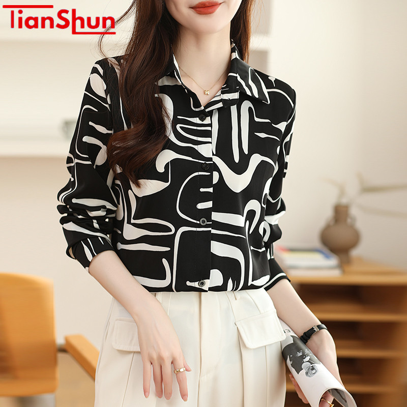 TianShun Longgar Lengan Panjang Versi Korea Sifon OL Pakaian Kerja Kerah Kasual kemeja sifon wanita