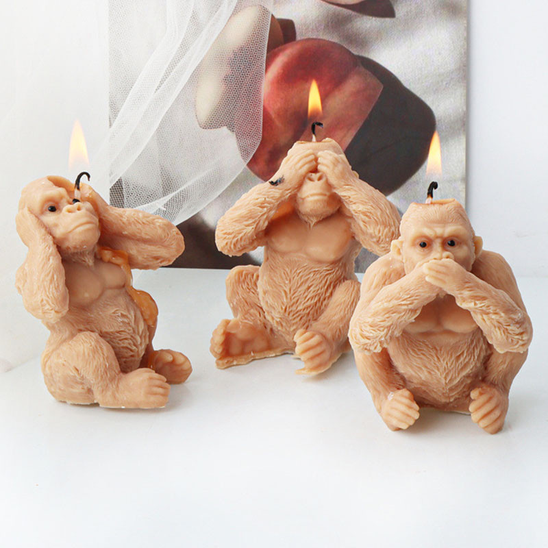 

3D Sitting Gorilla Candle Silicone Mold No Look No Listen No Speak Gorilla Monkey Scented Candle Gypsum Resin Mould Craft Decor
