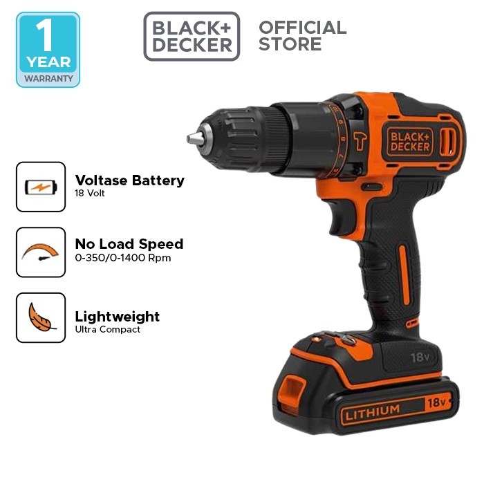 Black Decker 18V Bor Hammer Drill Lithium 1 battery Kit Box BDCHD18K-B1 - BDCHD18K Only