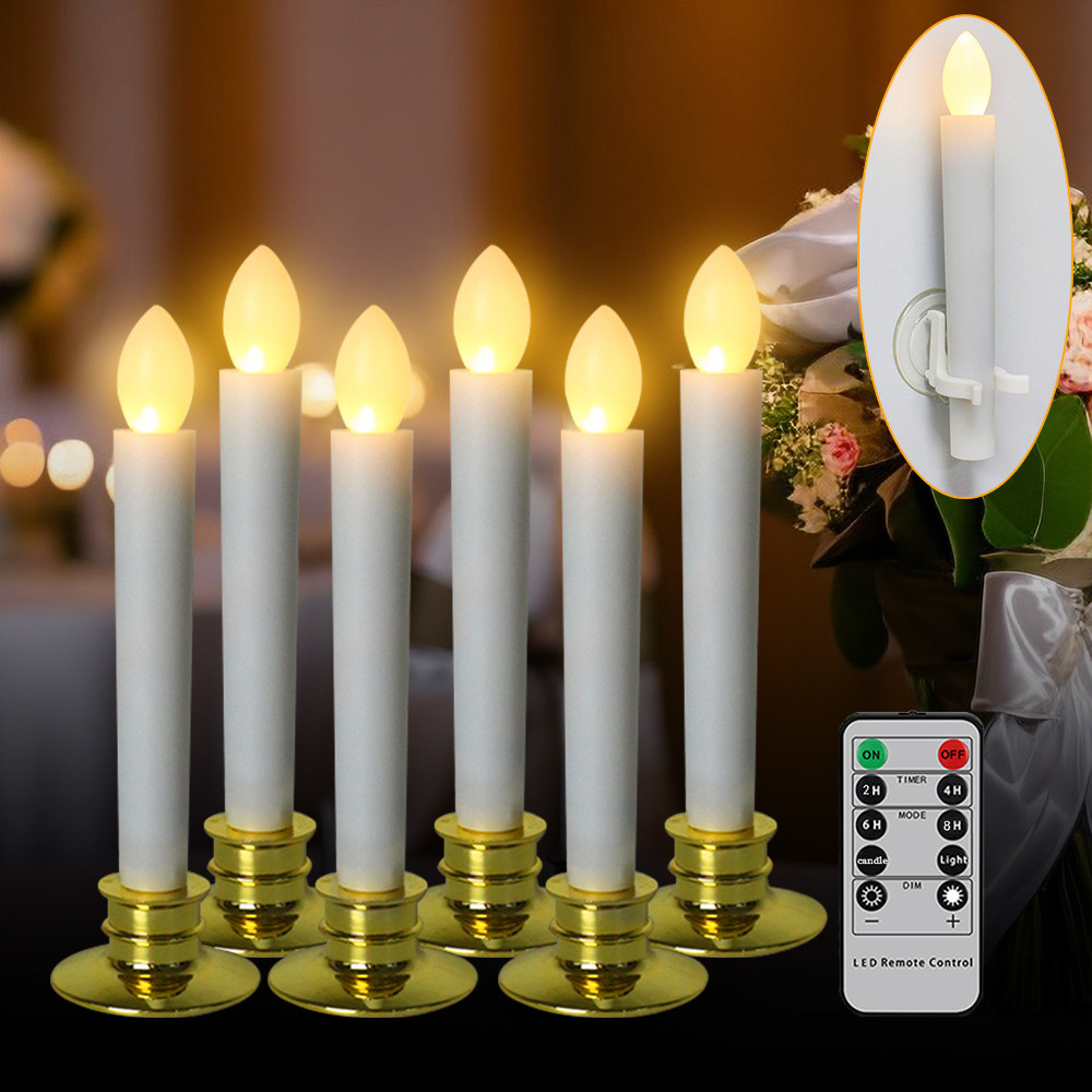 6PCS LED Electronic Candle 17cm Flameless Dlickering Taper Candle With Candlestick&Suction Cup Home 