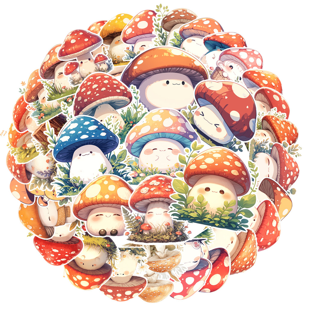 

50pcs Cute Mushroom Ledger Stickers Cartoon Style Notebook Guitar Computer Waterproof Decal