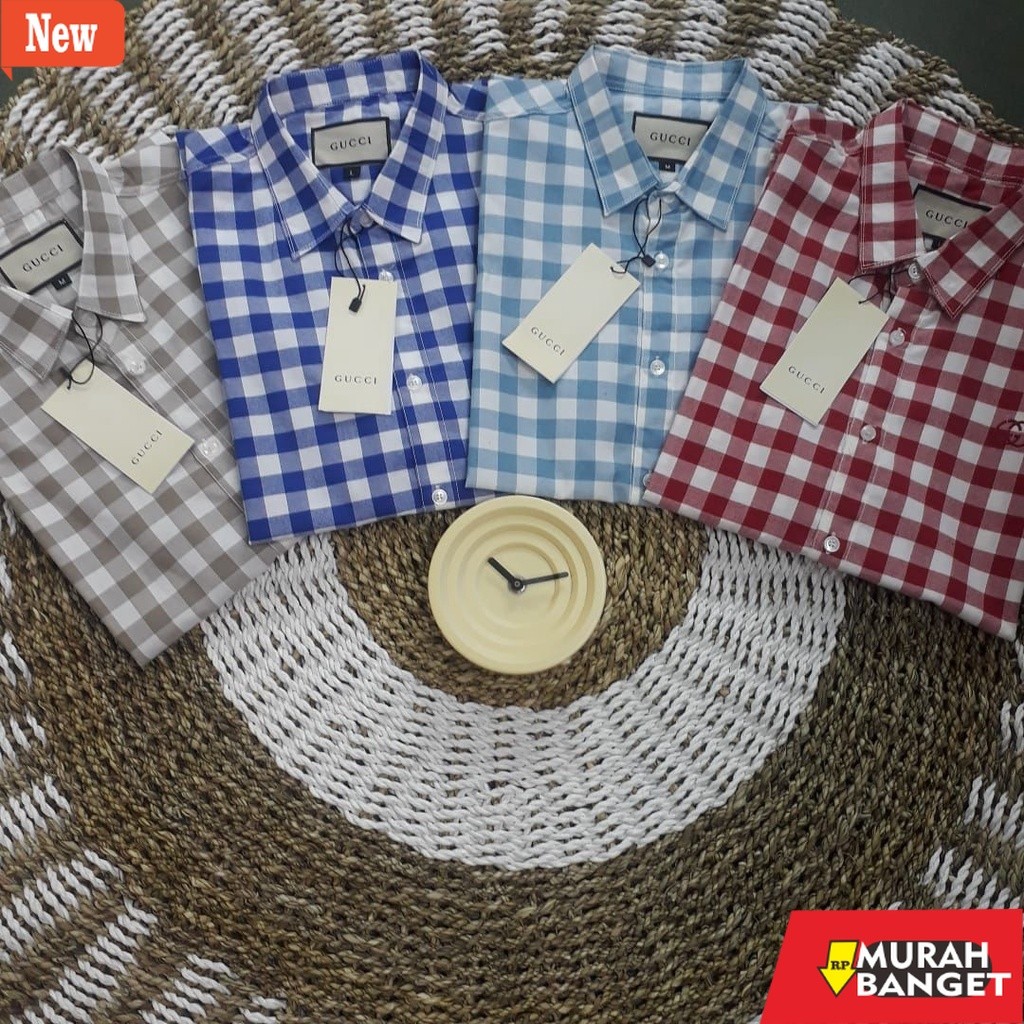 kemeja kotak kotak cowok Kemeja Pendek Pria Original GUCCI Import Quality Terbaru \ Kemeja Motif Kot