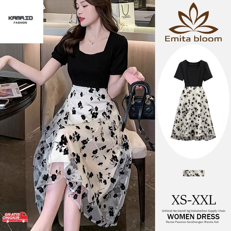 Baju Korea EMITA BLOOM  long dress hitam bunga lengan pendek dress natal wanita kekinian korea style